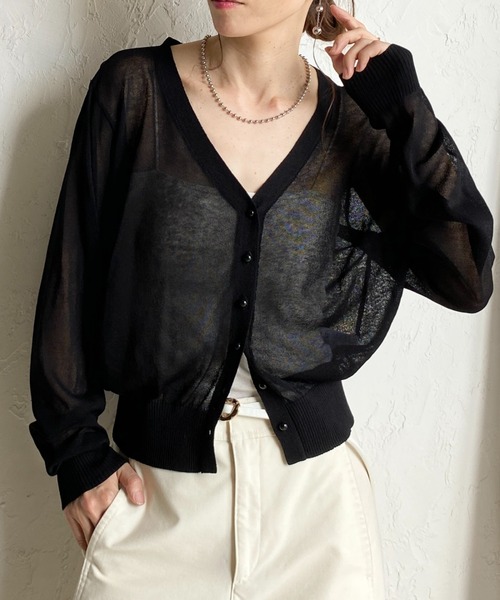 She's Closet(シーズクローゼット)の「Vネック配色バイカードルマンシアーカーディガン(カーディガン/ボレロ・レディース・ブラック/レッド/ブラウン/オフホワイト・FREE)」の1枚目の写真