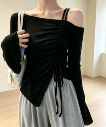 オフショルダー ギャザードローコード フレアスリーブ ロンT
