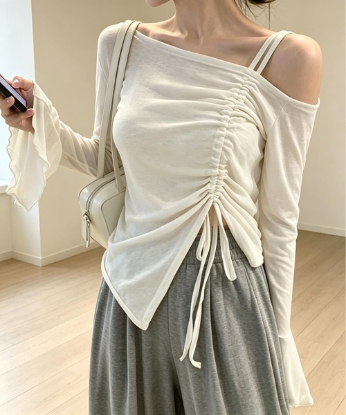 MAISON DE THERESE(メゾン ド テレーズ)の「オフショルダー ギャザードローコード フレアスリーブ ロンT(シャツ/ブラウス・レディース・Black/GRAY/White・M)」の2枚目の写真
