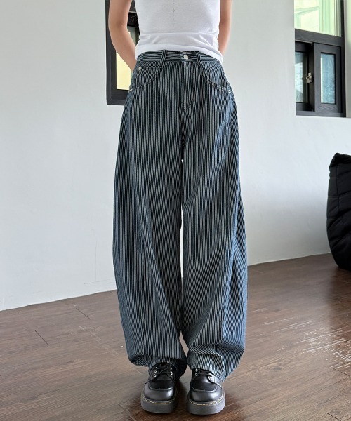 4INT.(フォイント)の「サマー ストライプ デニム ワイド パンツ(デニムパンツ・メンズ・ブルー・M)」の1枚目の写真