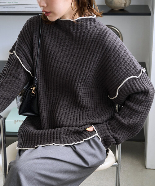 FREAK'S STORE(フリークスストア)の「限定展開 ヘビー ワッフル メロー ハイネック ニット(ニット/セーター・レディース・ピンク/ブルー/ナチュラル/ブラック/ネイビー/ブラウン/オリーブ・フリ-)」の1枚目の写真
