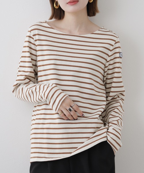 OMNES(オムネス)の「コットン長袖ボーダーTシャツ(Tシャツ/カットソー・レディース・ベージュ/ベージュ×ブラック/ホワイト×ピンク/ホワイト×ネイビー/ベージュ系その他/マルチ/ベージュ系その他2/ブラウン・M)」の6枚目の写真