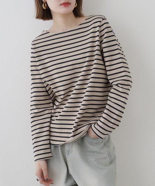 OMNES(オムネス)の「コットン長袖ボーダーTシャツ(Tシャツ/カットソー・レディース・ベージュ/ベージュ×ブラック/ホワイト×ピンク/ホワイト×ネイビー/ベージュ系その他/マルチ/ベージュ系その他2/ブラウン・M)」の4枚目の写真