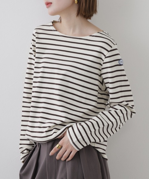 OMNES(オムネス)の「コットン長袖ボーダーTシャツ(Tシャツ/カットソー・レディース・ベージュ/ベージュ×ブラック/ホワイト×ピンク/ホワイト×ネイビー/ベージュ系その他/マルチ/ベージュ系その他2/ブラウン・M)」の1枚目の写真