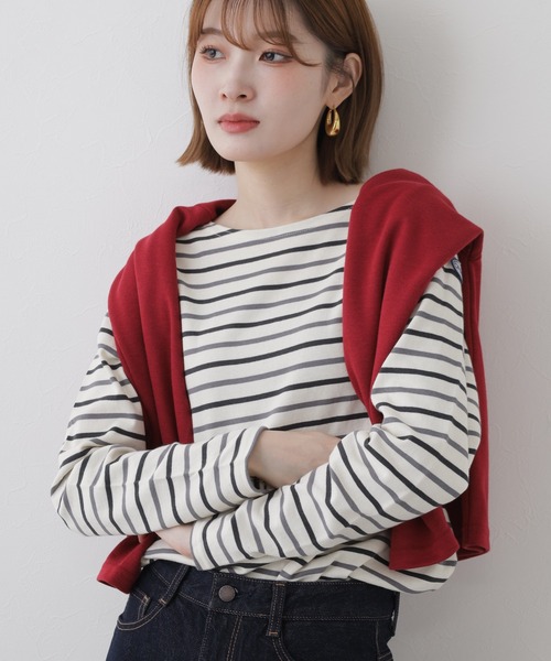OMNES(オムネス)の「コットン長袖ボーダーTシャツ(Tシャツ/カットソー・レディース・ベージュ/ベージュ×ブラック/ホワイト×ピンク/ホワイト×ネイビー/ベージュ系その他/マルチ/ベージュ系その他2/ブラウン・M)」の8枚目の写真