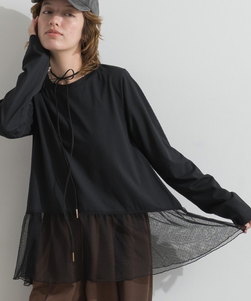 le colis(ルコリ)の「天竺×ストレッチレース・ドットチュール 裾ヘムレースプルオーバー(Tシャツ/カットソー・レディース・オフホワイト/チャコールグレー/ホワイト/ブラック・FREE)」の1枚目の写真