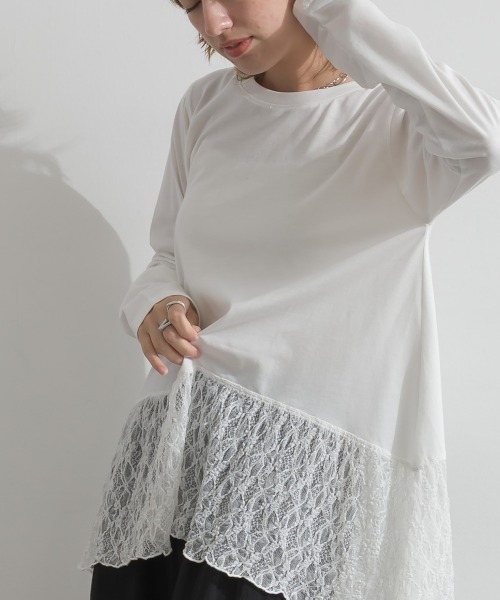 le colis(ルコリ)の「天竺×ストレッチレース・ドットチュール 裾ヘムレースプルオーバー(Tシャツ/カットソー・レディース・オフホワイト/チャコールグレー/ホワイト/ブラック・FREE)」の8枚目の写真