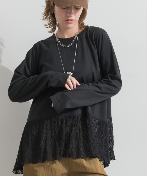le colis(ルコリ)の「天竺×ストレッチレース・ドットチュール 裾ヘムレースプルオーバー(Tシャツ/カットソー・レディース・オフホワイト/チャコールグレー/ホワイト/ブラック・FREE)」の10枚目の写真