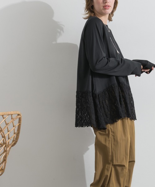 le colis(ルコリ)の「天竺×ストレッチレース・ドットチュール 裾ヘムレースプルオーバー(Tシャツ/カットソー・レディース・オフホワイト/チャコールグレー/ホワイト/ブラック・FREE)」の13枚目の写真