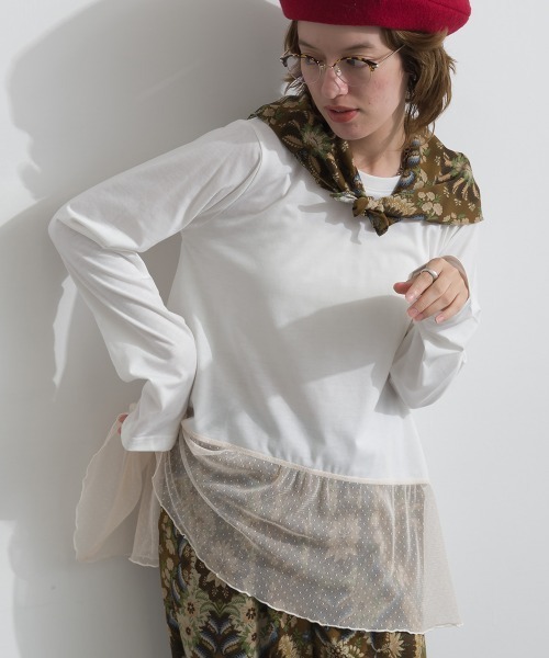 le colis(ルコリ)の「天竺×ストレッチレース・ドットチュール 裾ヘムレースプルオーバー(Tシャツ/カットソー・レディース・オフホワイト/チャコールグレー/ホワイト/ブラック・FREE)」の15枚目の写真