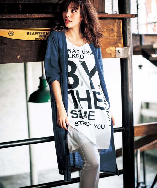 GeeRA（ジーラ）の「スラブ素材カーデビッグＴシャツワンピセッ（セットアップ・レディース・ネイビー/モカ・SMALL/MEDIUM）」の2枚目の写真