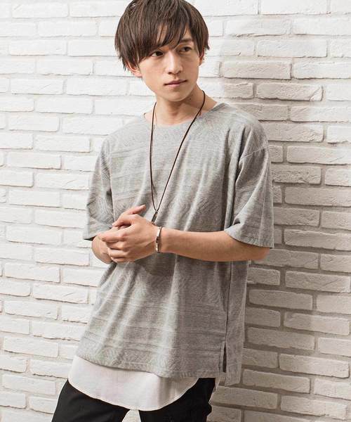 MinoriTY(マイノリティ)の「ジャガードビッグTシャツ ロングタンクトップ 2点セット アンサンブル(Tシャツ/カットソー・メンズ・ホワイト/グレー/ブラック・M/L)」の1枚目の写真
