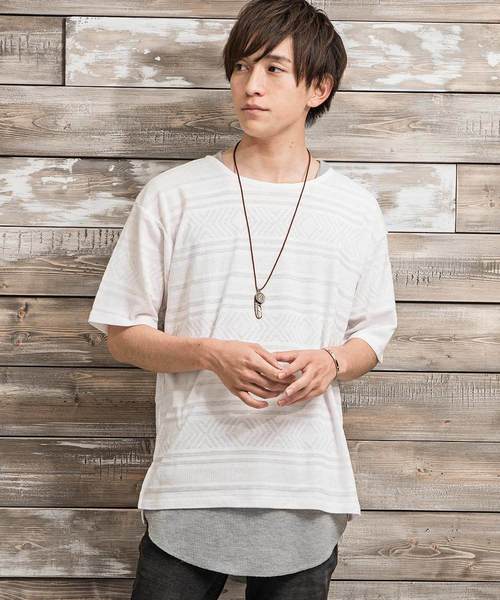 MinoriTY(マイノリティ)の「ジャガードビッグTシャツ ロングタンクトップ 2点セット アンサンブル(Tシャツ/カットソー・メンズ・ホワイト/グレー/ブラック・M/L)」の2枚目の写真