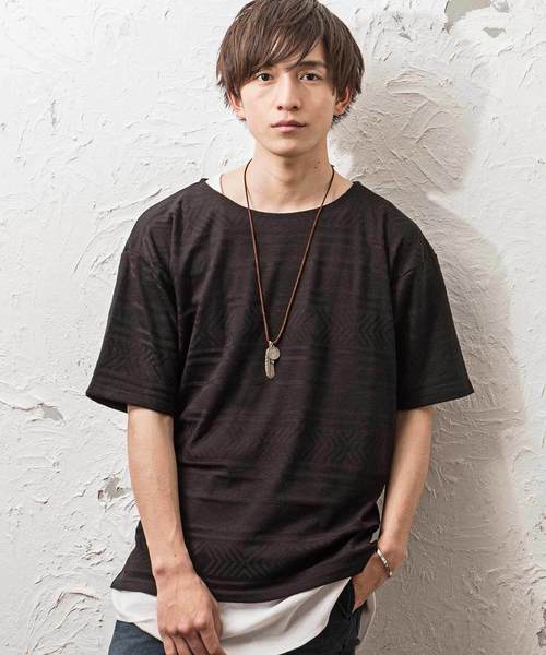 MinoriTY(マイノリティ)の「ジャガードビッグTシャツ ロングタンクトップ 2点セット アンサンブル(Tシャツ/カットソー・メンズ・ホワイト/グレー/ブラック・M/L)」の3枚目の写真