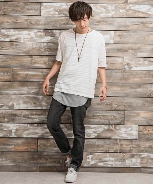 MinoriTY(マイノリティ)の「ジャガードビッグTシャツ ロングタンクトップ 2点セット アンサンブル(Tシャツ/カットソー・メンズ・ホワイト/グレー/ブラック・M/L)」の4枚目の写真