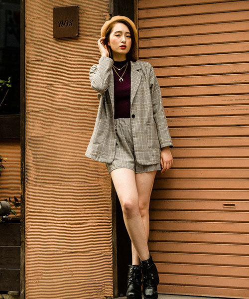 SPIGA（スピーガ）の「ﾁｪｯｸｽｰﾂｾｯﾄｱｯﾌﾟ（スーツジャケット・レディース・ブラウン/グレー・FREE）」の6枚目の写真