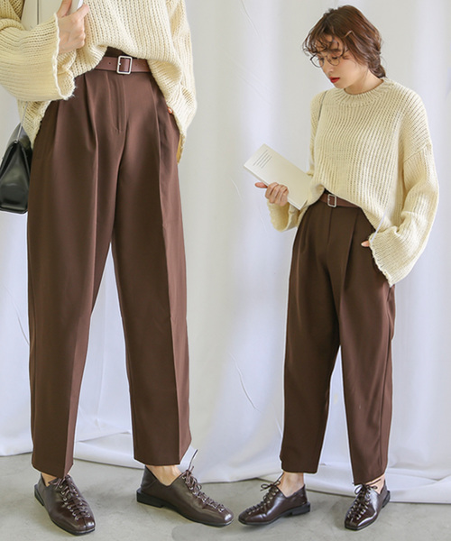 select MOCA（セレクトモカ）の「ベルトセットハイウエストパンツ(フロントホックベルト付きタックパンツ)（その他パンツ・レディース・ブラック/ブラウン・SMALL/MEDIUM）」の2枚目の写真