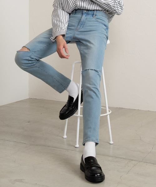 WEGO（ウィゴー）の「WEGO/ストレッチデニムダメージスキニーパンツ（デニムパンツ・メンズ・ライトインディゴブルー/ブルー系その他2・SMALL/MEDIUM/LARGE）」の2枚目の写真