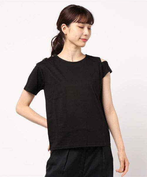 KOBE LETTUCE（コウベレタス）の「ショルダーボタン&スリット アシンメトリーオープンショルダー半袖Tシャツ（Tシャツ/カットソー・レディース・ベージュ/ブラック/グリーン/オフホワイト・FREE）」の7枚目の写真