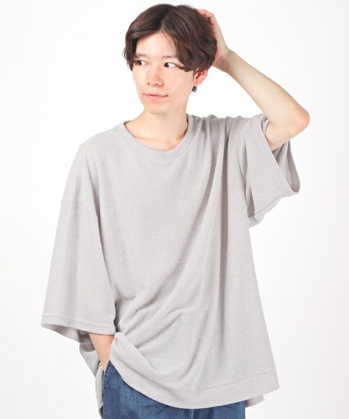 LUXSTYLE(ラグスタイル)の「ワッフルクルーネック五分袖ニットソー(Tシャツ/カットソー・メンズ・ブルー/ミント/ブラック/グレー/ピンク/ホワイト・M/L)」の4枚目の写真