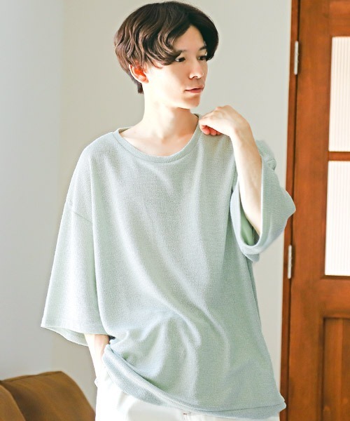 LUXSTYLE(ラグスタイル)の「ワッフルクルーネック五分袖ニットソー(Tシャツ/カットソー・メンズ・ブルー/ミント/ブラック/グレー/ピンク/ホワイト・M/L)」の1枚目の写真