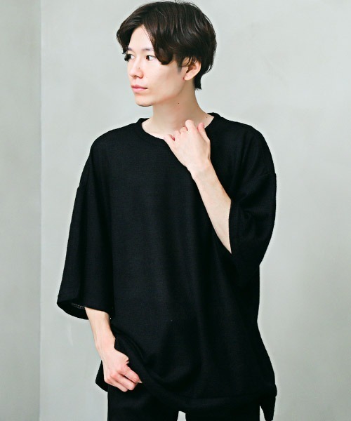 LUXSTYLE(ラグスタイル)の「ワッフルクルーネック五分袖ニットソー(Tシャツ/カットソー・メンズ・ブルー/ミント/ブラック/グレー/ピンク/ホワイト・M/L)」の3枚目の写真