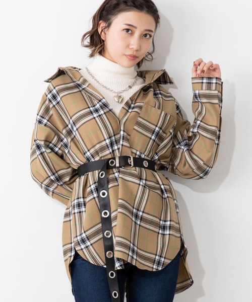 WEGO(ウィゴー)の「WEGO/ルーズカラーチェックシャツ(シャツ/ブラウス・レディース・ベージュ系その他2/パープル系その他2/ブラック系その他2/ベージュ系その他3・FREE)」の1枚目の写真