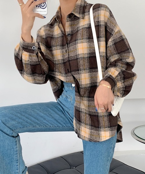 Girly Doll（ガーリードール）の「起毛 ボリューム袖 チェックシャツ（シャツ/ブラウス・レディース・ブルー/モカ/ベージュ/ブラウン系その他2/ブラウン系その他・FREE）」の18枚目の写真