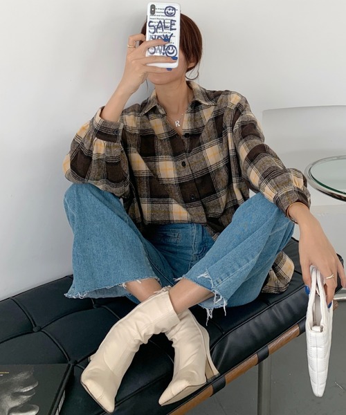 Girly Doll（ガーリードール）の「起毛 ボリューム袖 チェックシャツ（シャツ/ブラウス・レディース・ブルー/モカ/ベージュ/ブラウン系その他2/ブラウン系その他・FREE）」の17枚目の写真