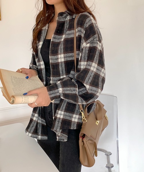 Girly Doll（ガーリードール）の「起毛 ボリューム袖 チェックシャツ（シャツ/ブラウス・レディース・ブルー/モカ/ベージュ/ブラウン系その他2/ブラウン系その他・FREE）」の12枚目の写真