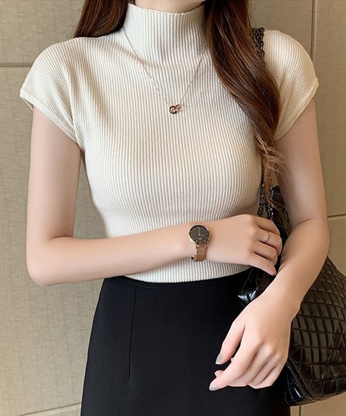 Doula Doula(ドゥーラドゥーラ)の「フレンチスリーブサマーハイネックリブニット(ニット/セーター・レディース・ホワイト/ブラック/ブルー/グレー/ピンク/パープル/テラコッタ/キャメル/アイボリー/ブラウン系その他/ブルー系その他/パープル系その他/ピンク系その他/ホワイト系その他/ブラック系その他/グレー系その他2/グレー系その他/ブラック系その他2/イエロー系その他2/ホワイト系その他2/ピンク系その他2/パープル系その他2/ホワイト系その他3/ブラウン系その他2/ブルー系その他2/ホワイト系その他4/イエロー系その他・FREE)」の2枚目の写真