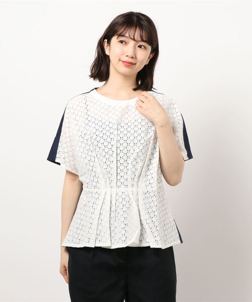 GGD SELECT(ジージーディー セレクト)の「ハヴァナイストリップ HAVEANICETRIP コットン ショート丈 サークルレースウエストタックチュニック(Tシャツ/カットソー・レディース・ライラック/ミント/グリーン/オフホワイト/ネイビー・LL/L/XL/M/3L)」の2枚目の写真