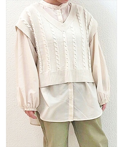 ehka sopo（エヘカソポ）の「ケーブル柄ベスト（ベスト・レディース・ブルー/キナリ/ベージュ/グリーン・ﾌﾘ-）」の2枚目の写真