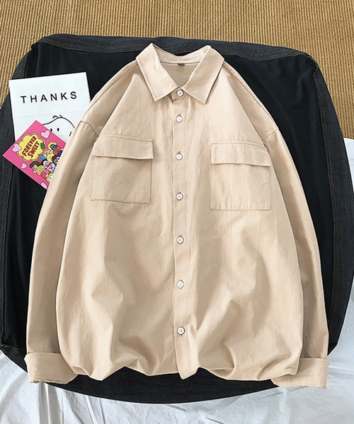 Anuenue(アヌエヌエ)の「メンズ ダブルポケット長袖シャツ(シャツ/ブラウス・メンズ・ホワイト/ブラック/カーキ/ピンク/イエロー/グリーン/ブルーグレー・2L/3L/M/L/S)」の1枚目の写真