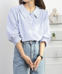 パワスリーブ　ストライプ　ルーズシャツブラウス