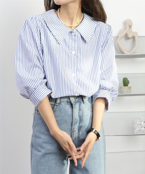 MAISON DE THERESE(メゾン ド テレーズ)の「パワスリーブ ストライプ ルーズシャツブラウス(シャツ/ブラウス・レディース・ブルー/ブラック・MEDIUM/L)」の1枚目の写真