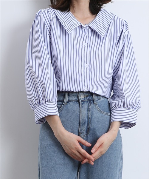 MAISON DE THERESE(メゾン ド テレーズ)の「パワスリーブ ストライプ ルーズシャツブラウス(シャツ/ブラウス・レディース・ブルー/ブラック・MEDIUM/L)」の4枚目の写真