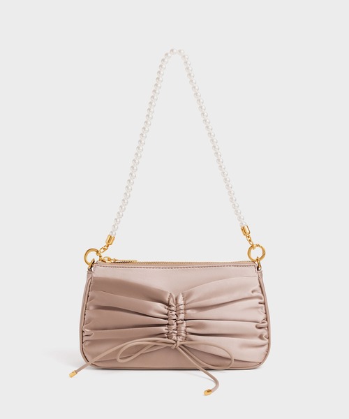 サテンボウタイ ビーズハンドルショルダーバッグ / Satin Bow-Tie Bead-Handle Shoulder Bag