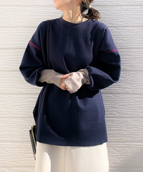 Q(キュー)の「鹿の子 リラックスプルオーバー(Tシャツ/カットソー・レディース・グレイッシュベージュ/ネイビー・MEDIUM)」の2枚目の写真