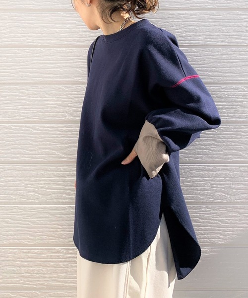 Q(キュー)の「鹿の子 リラックスプルオーバー(Tシャツ/カットソー・レディース・グレイッシュベージュ/ネイビー・MEDIUM)」の6枚目の写真