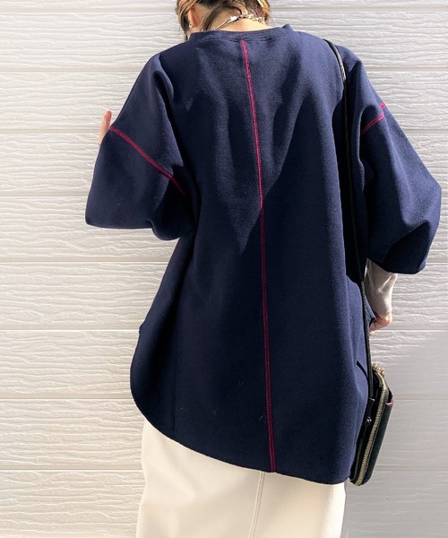 Q(キュー)の「鹿の子 リラックスプルオーバー(Tシャツ/カットソー・レディース・グレイッシュベージュ/ネイビー・MEDIUM)」の7枚目の写真