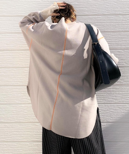 Q(キュー)の「鹿の子 リラックスプルオーバー(Tシャツ/カットソー・レディース・グレイッシュベージュ/ネイビー・MEDIUM)」の9枚目の写真