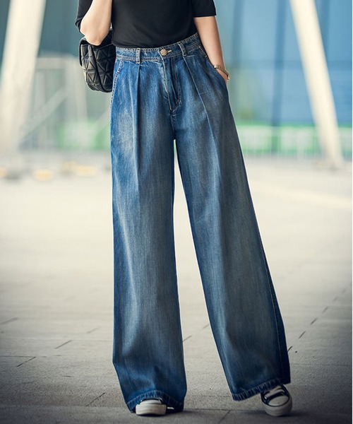 BLANC FICELLE（ブランフィセル）の「ワンタック　デニム　ワイドパンツ（デニムパンツ・レディース・インディゴブルー/ブルー・XX-SMALL/S/M/XS/31inch/32inch）」の3枚目の写真