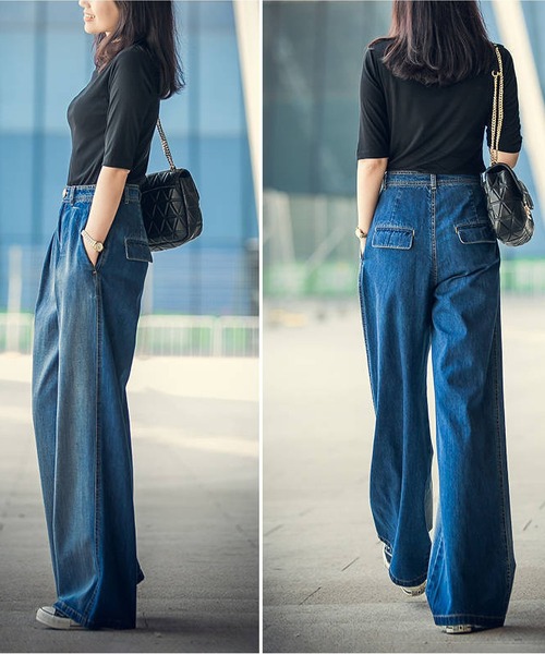 BLANC FICELLE（ブランフィセル）の「ワンタック　デニム　ワイドパンツ（デニムパンツ・レディース・インディゴブルー/ブルー・XX-SMALL/S/M/XS/31inch/32inch）」の4枚目の写真