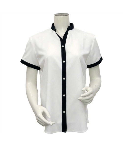 TOKYO SHIRTS(トウキョウシャツ)の「【吸水速乾】【COFREX】配色スキッパー衿 半袖ブラウス(ビジネスシャツ・レディース・ホワイト・S/M/L/LL)」の2枚目の写真