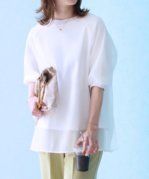 reca(レカ)の「ラグランスリーブオーガンジー重ねプルオーバー(Tシャツ/カットソー・レディース・オフホワイト/グレイッシュベージュ/ブラック・FREE)」の12枚目の写真