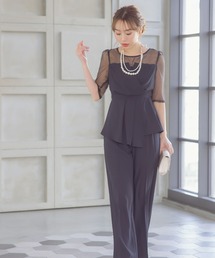 Retica（レティカ）の「パーティードレス 結婚式 パンツスタイル セットアップ カシュクール ウエストリボン アシメ フリルトップス ワイドパンツ シアースリーブ パンツドレス 二次会 大きいサイズ 20代 30代 お呼ばれ（パンツドレス）」