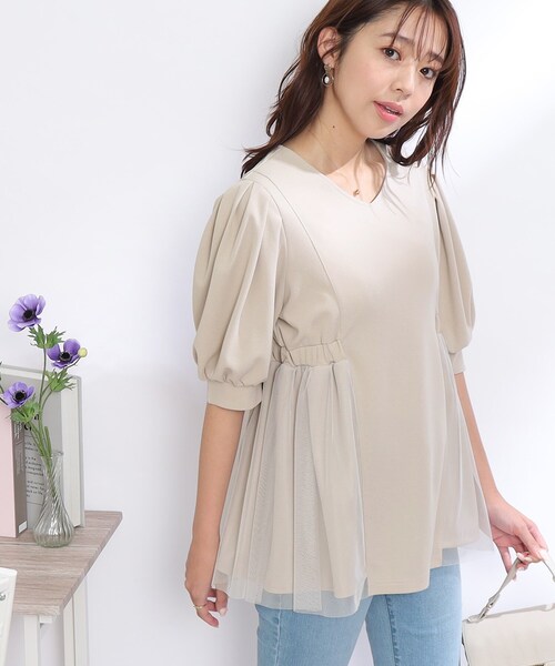 couture brooch(クチュールブローチ)の「◆【オンオフ兼用!通勤にもおすすめ。】カットソー&チュール切替チュニック(チュニック・レディース・ライトグレー/ブラック・42/38)」の12枚目の写真