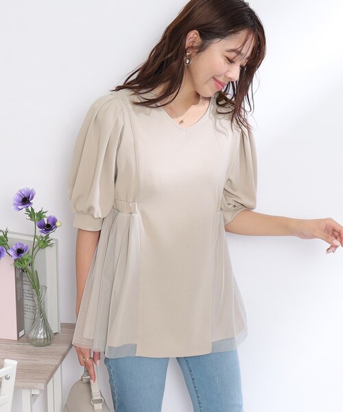 couture brooch(クチュールブローチ)の「◆【オンオフ兼用!通勤にもおすすめ。】カットソー&チュール切替チュニック(チュニック・レディース・ライトグレー/ブラック・42/38)」の3枚目の写真