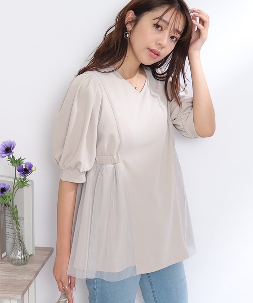 couture brooch(クチュールブローチ)の「◆【オンオフ兼用!通勤にもおすすめ。】カットソー&チュール切替チュニック(チュニック・レディース・ライトグレー/ブラック・42/38)」の4枚目の写真